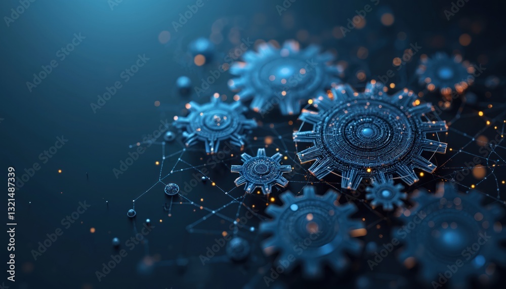 Aufkleber Abstract gears connected dots on dark blue background complex system network. Digital tech automation, connection of lines, structure, teamwork, modern futuristic business. Artificial intelligence,