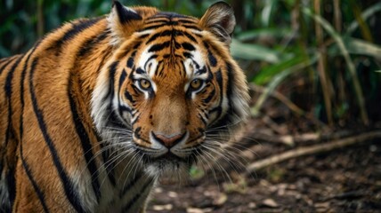 Obraz premium Tiger Staring Directly at Camera in Lush Green Forest Environment