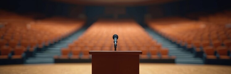 Empty conference hall ready for annual general meeting. AGM with orange seats rows, stage with microphone. Business shareholders discuss financial results, planning, future goals. Corporate company