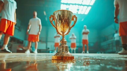 Gymnastics Excellence Award, Gleaming Gold Trophy in a Dynamic Sports Display, Symbol of Flexibility and Mastery, Open Space for Celebration and Recognition