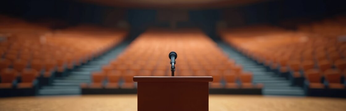 Empty conference hall ready for annual general meeting. AGM with orange seats rows, stage with microphone. Business shareholders discuss financial results, planning, future goals. Corporate company