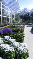 Obraz premium Lush green crops thrive in the foreground with a modern greenhouse set against stunning mountain peaks and a bright sky