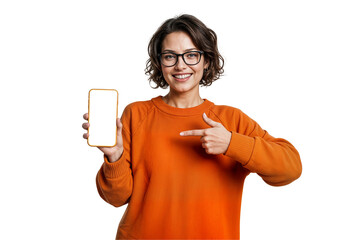 Modern european woman smiling with stylish glasses holding a smartphone with clear empty screen simple white background focusing on technology fashion accessories lifestyle gadget usage