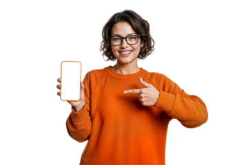 Modern european woman smiling with stylish glasses holding a smartphone with clear empty screen simple white background focusing on technology fashion accessories lifestyle gadget usage