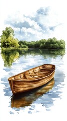 Obraz premium Wooden rowboat on calm lake under cloudy sky, surrounded by lush green trees. Tranquil summer scene.