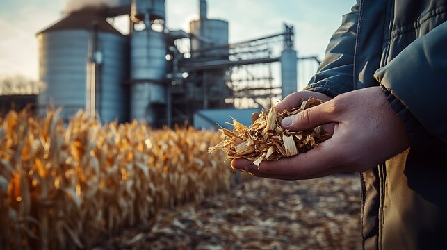 Holding Corn Stover in Hand Corn Field and Silo Background