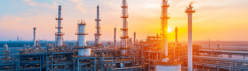 Aerial view of oil and gas refinery plant at sunset, showcasing industrial structures and equipment
