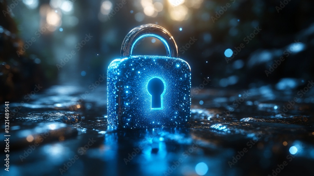 Fototapete A luminescent lock symbolizes quantum encryption, showcasing qubits in superposition and entanglement as security against eavesdropping threats.