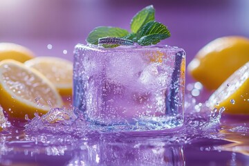 Refreshing drink with a purple cube of ice garnished with mint and surrounded by lemon slices splashing on a purple surface