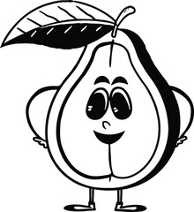 Smiling Cartoon Pear With Large Eyes and Leaf in Black and White