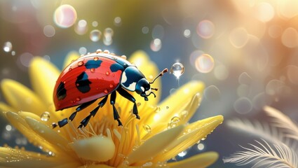 Ladybug with Water Droplet Resting on Bright Yellow Flower Petals