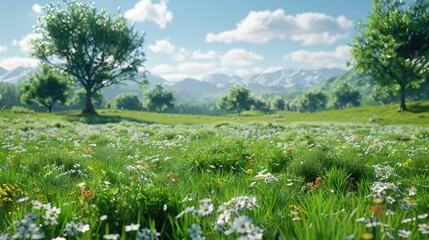 Sunny meadow with trees, mountains, and flowers