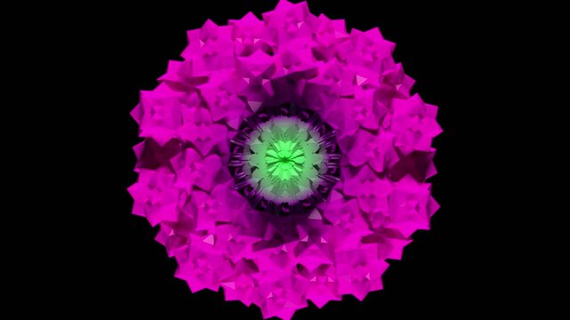 3d render animation of symmetrical multicolor complex basic poly with struts bloom movement, (looping) in the end animation is transform like the beginning form
