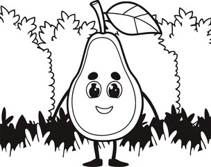 Smiling Cartoon Pear With Large Eyes and Leaf in Black and White
