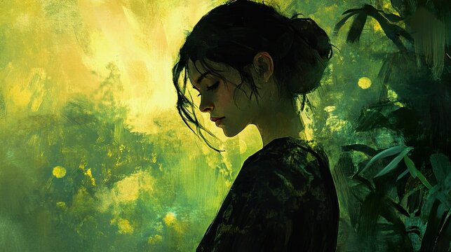 Pensieve Woman in Green: A Digital Painting