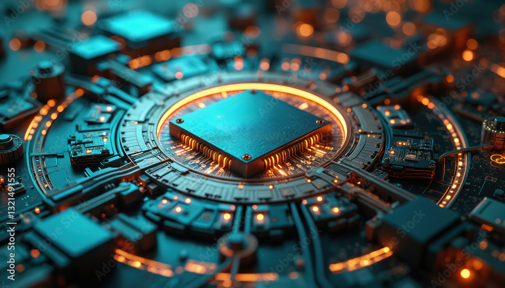 Aufkleber Close-up on glowing blue futuristic central processing unit. Advanced microchip, innovative cyber tech circuit board design for high tech projects, infrastructure. Financial technology, cybersecurity.