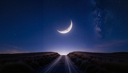 Crescent moon lighting path under starry sky, guiding beauty