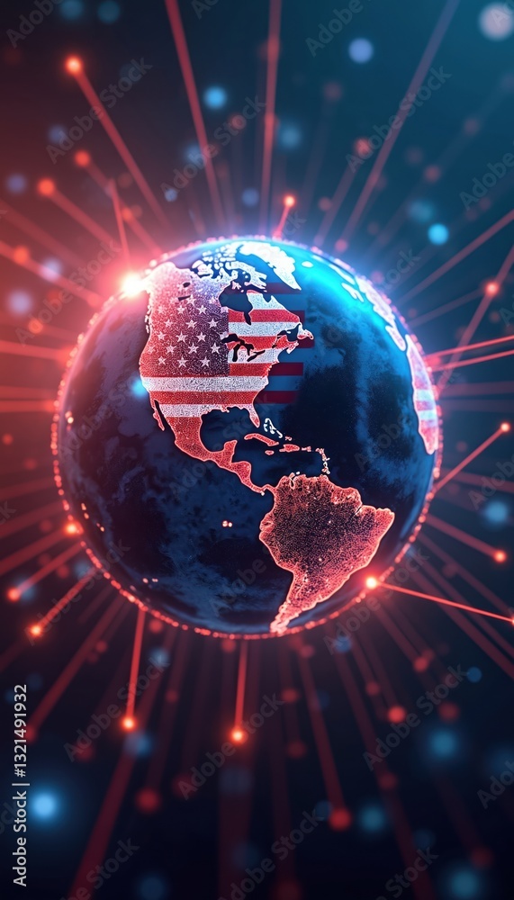Poster worldwide tech concept with usa flag on globe, connection lines, glowing lights. globalisation, netw