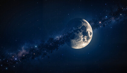Fototapeta premium Crescent moon surrounded by swirling star sparkles, celestial beauty