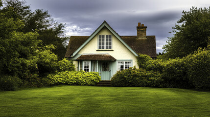 Obraz premium Charming cottage with vibrant grass and dense foliage under cloudy sky