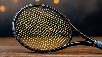 Black Tennis Racket with Gold Strings on Dark Wood