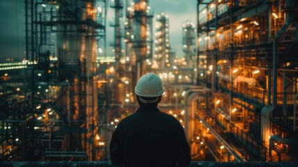 Worker observes industrial complex at dusk, illuminated by vibrant lights in the background