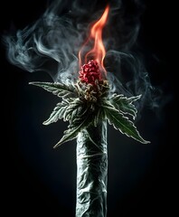 Cannabis Joint with red flamed tip and a cannabis leaf flower sprouting out on black with smoke