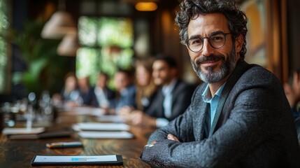 Fototapeta premium Confident CEO Discussing Strategic Roadmap in Modern Conference Room Setting