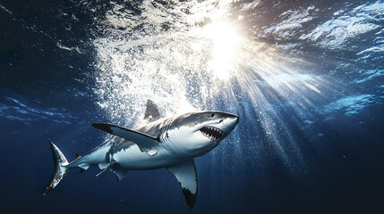 Great white shark swimming under sunlight in ocean water
