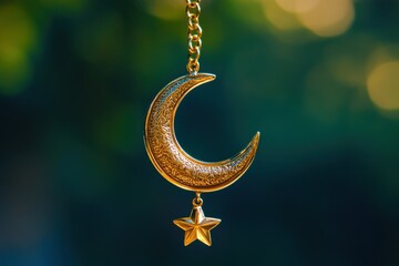 Close-up of Golden Crescent Moon and Star Pendant on Chain with Ornate Detailing