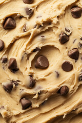 Raw chocolate chip cookie dough texture close up detail background.