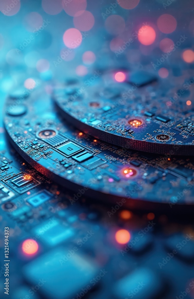 Poster Close-up on silicon wafers with microcircuits, crystalline structure. Rainbow colors, hi-tech computer microchip pattern. Semiconductor material abstract texture for electronic device, tech industry,