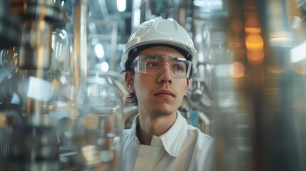Young engineer in safety gear working in a modern industrial plant during daytime operations