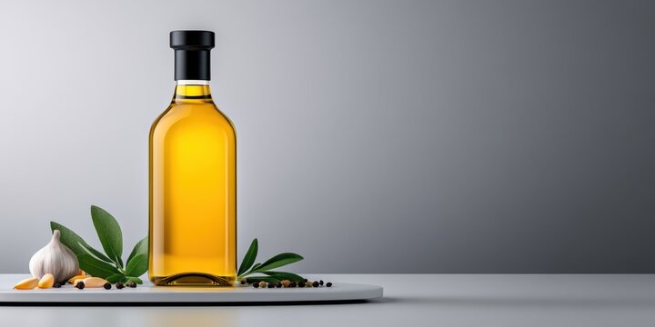 Elegant olive oil bottle placed with fresh oregano, garlic cloves, and a sprinkle of cumin seeds on white.