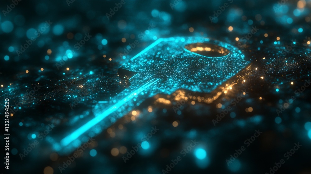 Poster A digital representation showcases a glowing encryption key within a cloud of shimmering particles, illustrating the significance of quantum technology.