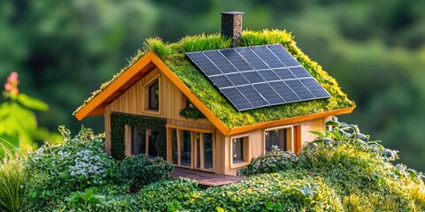 an image of a sustainable home model featuring solar panels and green roofs.