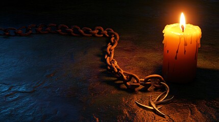 International Day in Support of Victims of Torture-Image of Broken Chain and Lit Candle on Dark Surface Representing Resilience and Liberation