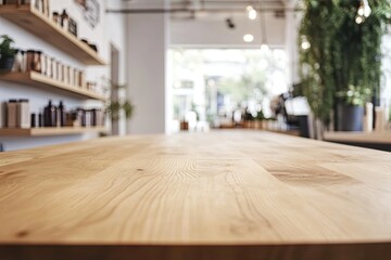 Empty wooden table in a modern cafe. Blurry background showcases shelves, plants, and a spacious interior