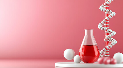laboratory flask with red liquid and DNA helix on pink background, symbolizing biotech research and genetic science