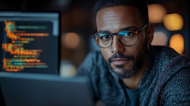 A man focuses intently on his laptop, analyzing quantum encryption techniques.
