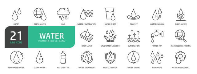 Set Of Water Line Icons. Set contains such icons as Earth Water, Droplet, Water Formula, Plant Water, Drop Layer, Evaporation, Water Treatment, Clean Water, and more.