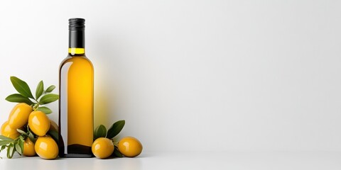 Classic olive oil container bottle with a black label, set on a white background for contrast.