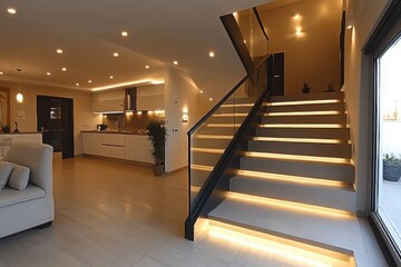 Modern interior featuring a staircase with integrated lighting and a minimalist kitchen creating a warm and inviting atmosphere