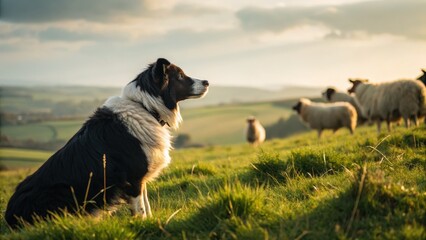 Sheep herding dog watching over flock rolling hills nature photography golden hour side view animal behavior