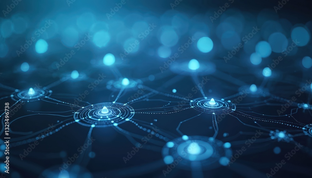 Poster Abstract dark blue tech background network infrastructure, data connections. Neural network nodes connected. Concept of internet, big data, communications, cloud computing. Represents cyberspace,