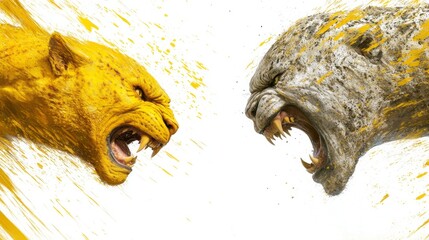 Two snarling big cats, one yellow and one gray, face off against each other in a dynamic, action packed composition. Yellow paint splatters across the background.