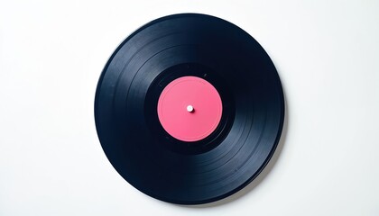 Vinyl gramophone record on white background. Dark music disc with pink label. Groove lines texture on dark plate. Retro analog sound carrier, vintage audio medium, stereo object. Perfect for cover