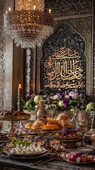 Fototapeta premium Eid dinner served on an ornate table with an artistic Arabic calligraphy backdrop