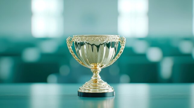 Golden trophy for spelling bee achievement, displayed prominently in a school showroom, symbolizing academic excellence and dedication, inviting admiration and inspiration.