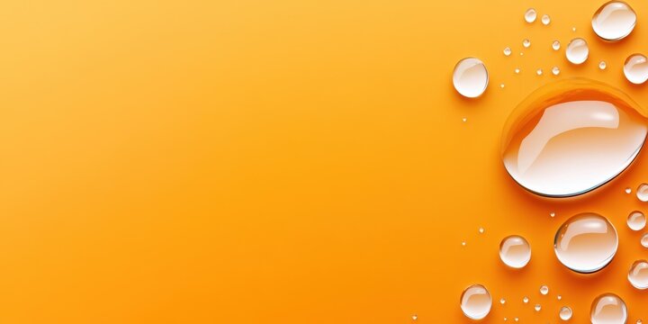 A bright orange background with a drop of water on it. The drop of water is surrounded by other drops of water, creating a sense of movement and fluidity. The image conveys a feeling of freshness